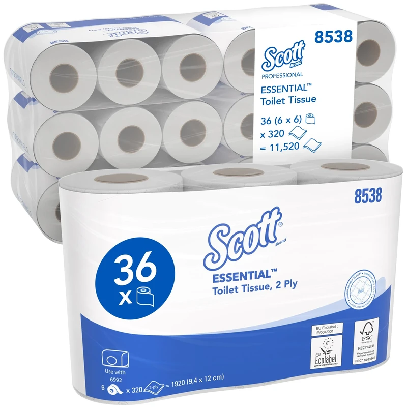 Scott Essential Toilet Paper 8538 – 2-Ply White Standard Rolls, Soft & Strong, FSC Certified – 6 Packs x 6 Rolls, 320 Sheets Each (36 Rolls / 11,520 Sheets Total)