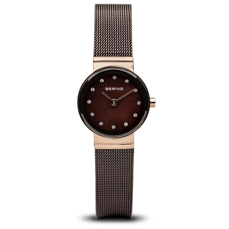BERING Women's Quartz Watch, 22 mm Rose-Gold Stainless-Steel Case and Brown Dial, Milanese Strap, Sapphire Crystal, 3 ATM, 10122-265