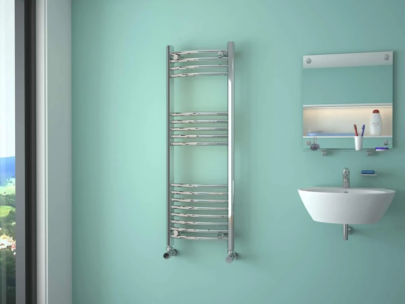 iBathUK Zypher Curved Wall Mounted Heated Towel Rail, 17 Column Steel High Thermal Output Hydronic Central Heating, Round Curved Designer Towel Radiator in Chrome, 1200 × 400mm