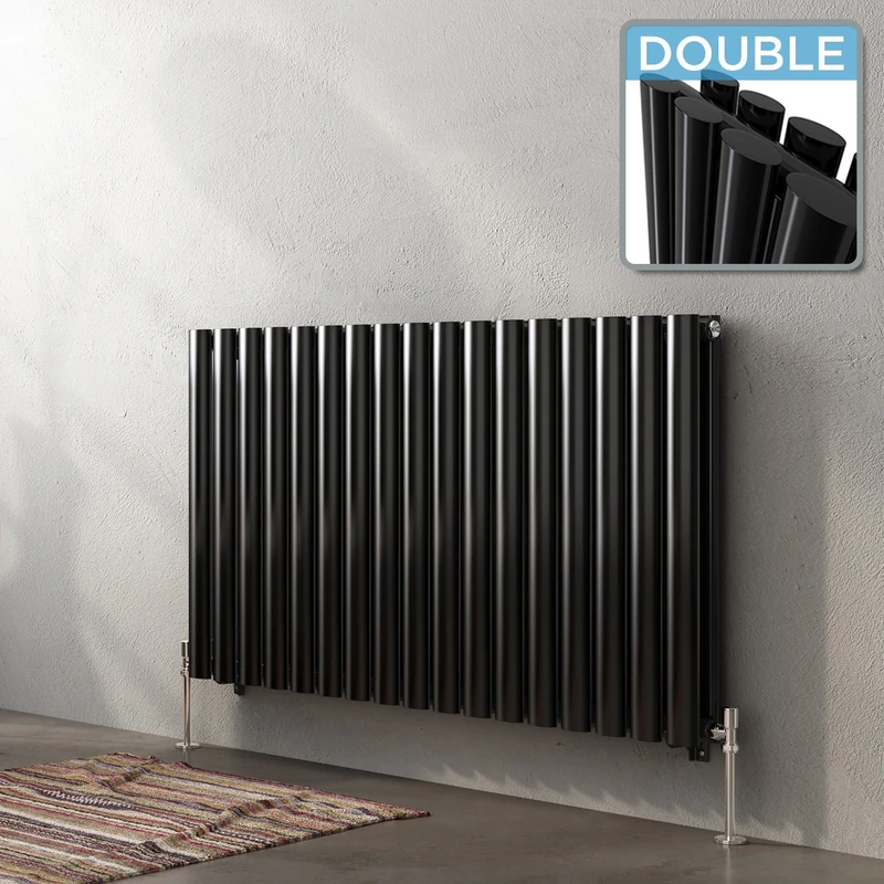 iBathUK | 600 x 1000 mm Black Column Designer Radiator Horizontal Double Oval Panel