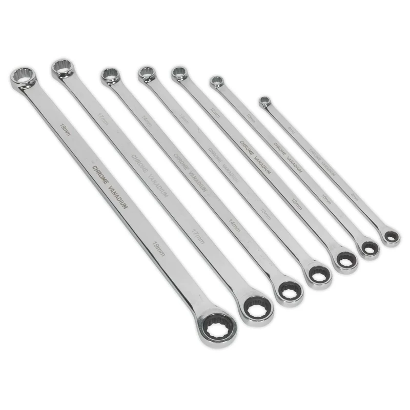 Sealey Ak6319 Double Ring Ratchet/Fixed Spanner Set 7Pc Extra-Long Metric