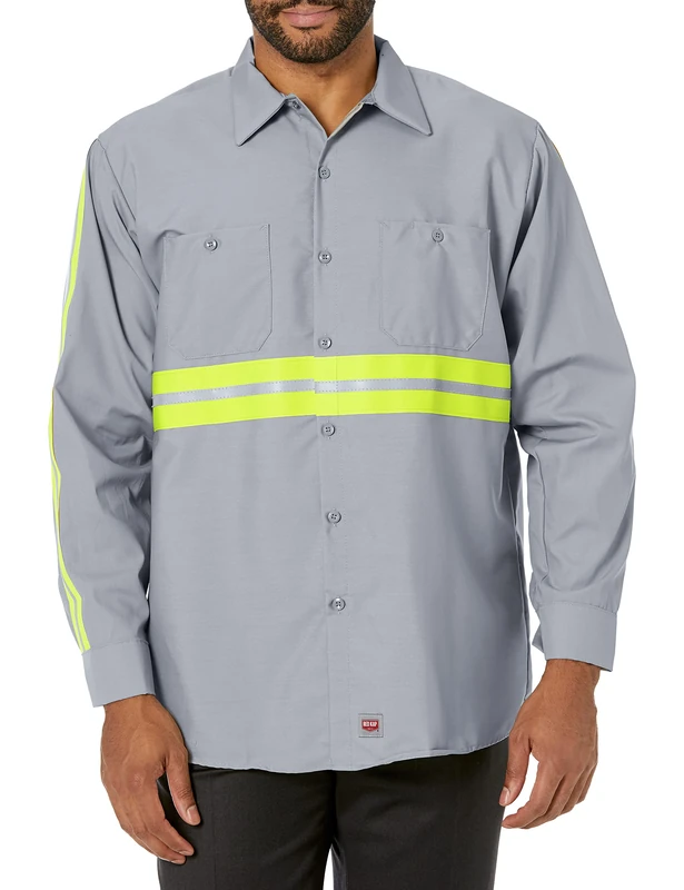 Red Kap Men's Long Sleeve Enhanced Industrial Work Shirt, Grey with Yellow/Green Visibility Trim, Medium
