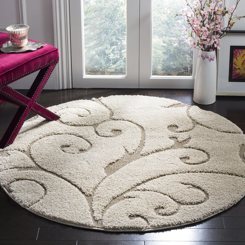 SAFAVIEH Shag Rug for Living Room, Dining Room, Bedroom - Florida Shag Collection, High Pile, in Cream and Beige, 120 X 120 cm