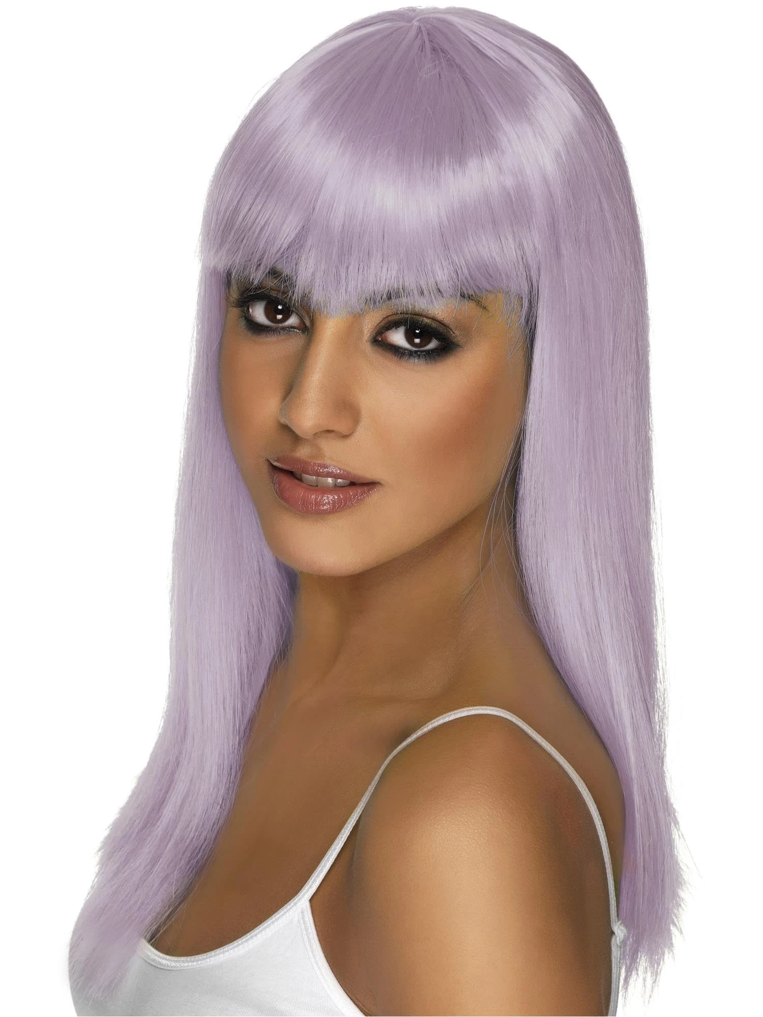 Smiffys Glamourama Wig, Lilac Long, Straight with Fringe, Ladies Glamour Wigs Fancy Dress, Adult Dress Up Wigs Halloween