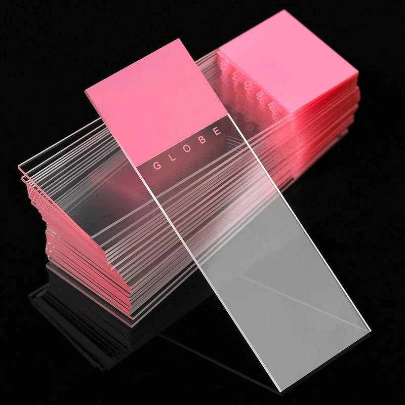 Globe Scientific Diamond White Glass Microscope Slides, 1380-50P, Pink Frosted, Ground Edges, 90° Corners, 25mm x 75mm, Pre-Cleaned, 72/Box, 1440/CS - Image 1