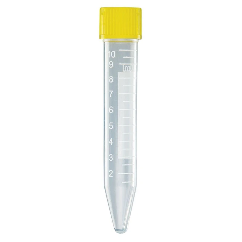 Globe Scientific 10mL Centrifuge Tube, 6293, Attached Yellow Screw Cap Natural Cap, Printed Graduations, Sterile, Polypropylene, 100/Bag, 1000/CS