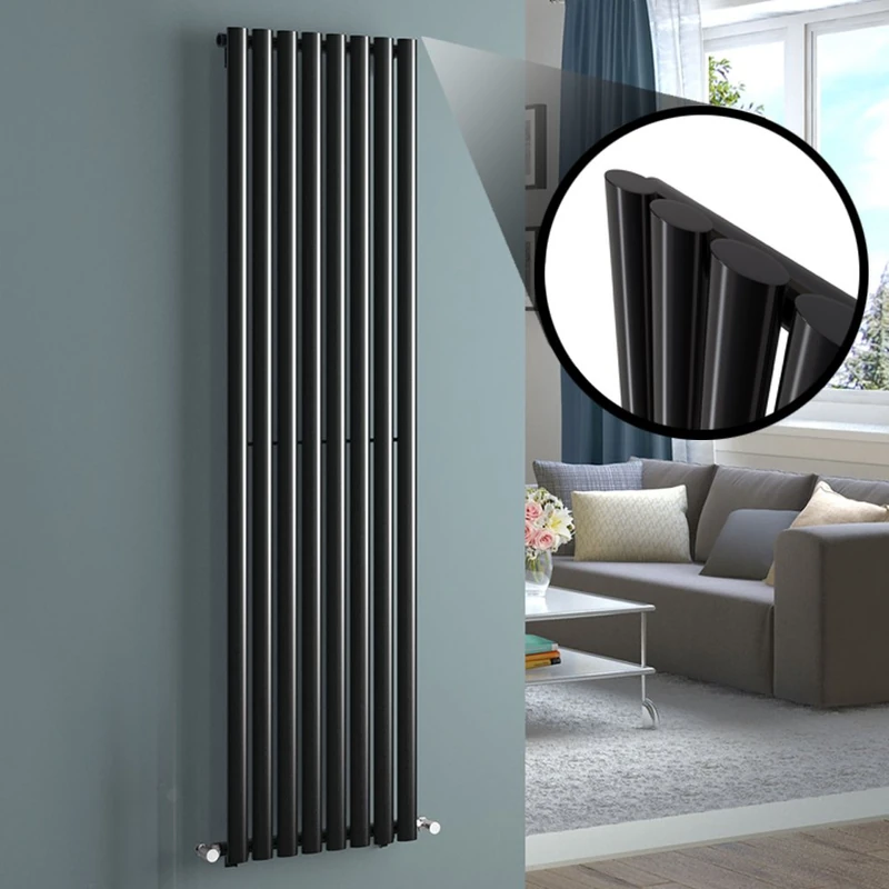 iBathUK Strata Wall-Mounted Vertical Single Oval Panel Radiator, 8 Column Steel High Thermal Output Hydronic Central Heating, Designer Modern Radiator in Gloss Black, 1800 × 472mm
