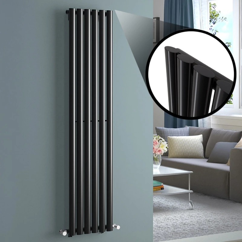 iBathUK Strata Wall-Mounted Vertical Single Oval Panel Radiator, 6 Column Steel High Thermal Output Hydronic Central Heating, Designer Modern Radiator in Gloss Black, 1600 × 354mm