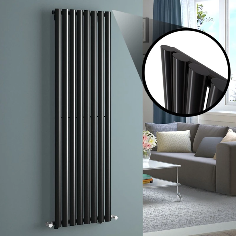 iBathUK |1600 x 480 mm Vertical Column Radiator Black Oval Single with 8 columns