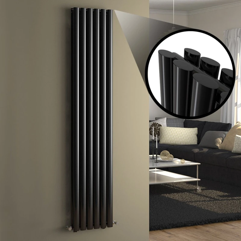 iBathUK Strata Wall-Mounted Vertical Double Oval Panel Radiator, 6 Column Steel High Thermal Output Hydronic Central Heating, Designer Modern Radiator in Gloss Black, 1800 × 354mm