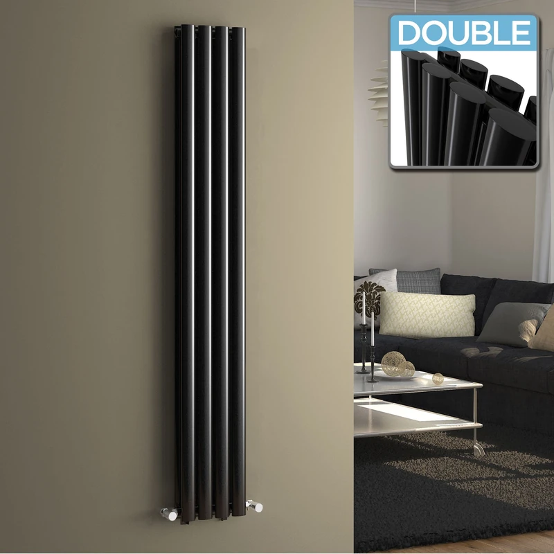 iBathUK | 1600 x 240 mm Vertical Column Radiator Black Oval Double Panel Heater