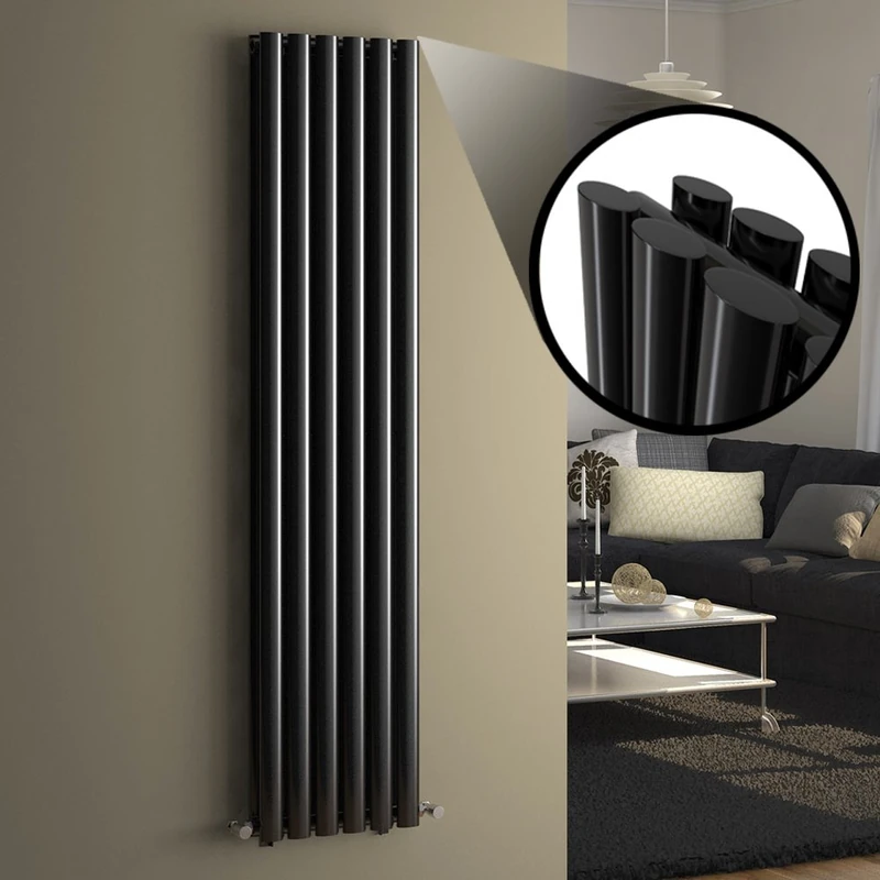 iBathUK | 1600 x 360 mm Vertical Column Radiator Black Oval Double Panel Heater