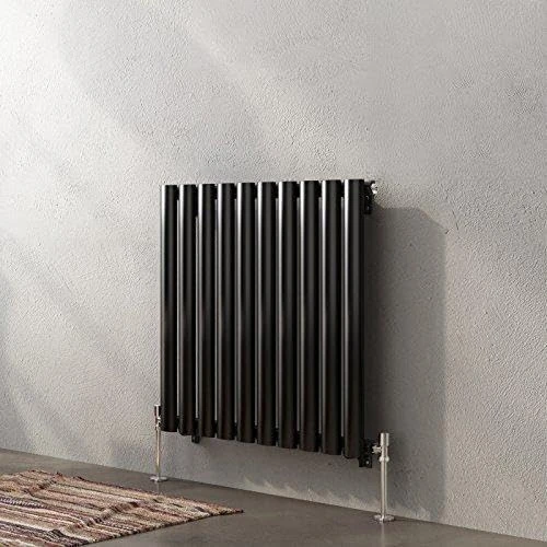 iBathUK Strata Wall-Mounted Horizontal Single Oval Panel Radiator, 10 Column Steel High Thermal Output Hydronic Central Heating, Designer Modern Radiator in Gloss Black, 600 × 590mm