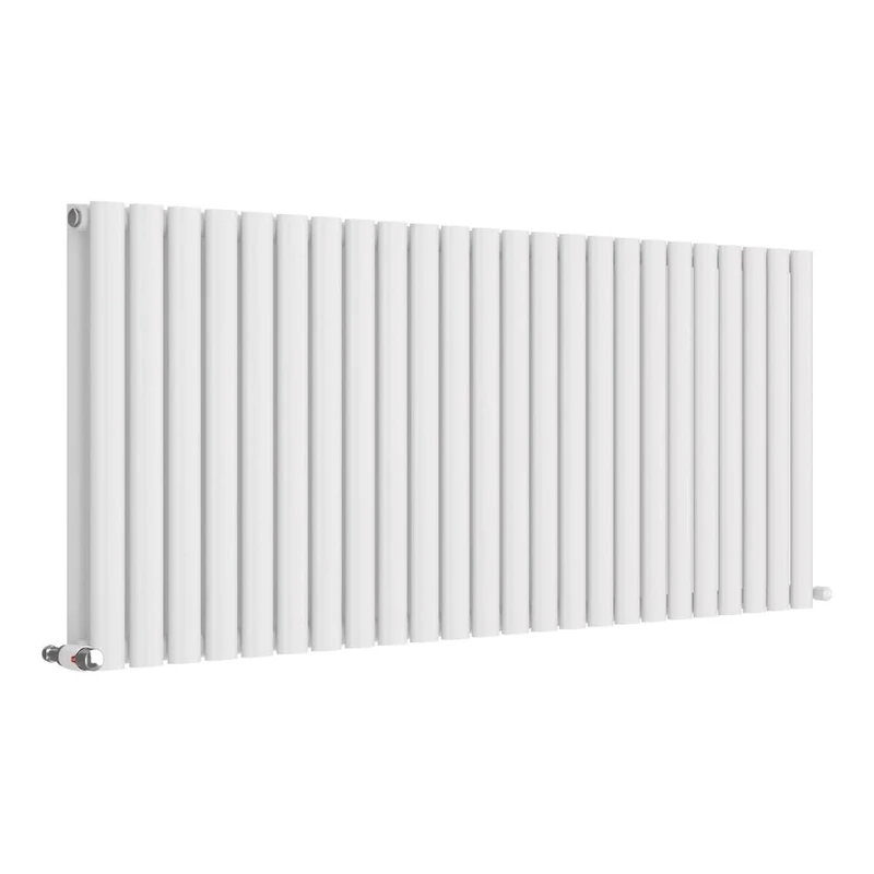 iBathUK Strata Wall-Mounted Horizontal Double Oval Panel Radiator, 24 Column Steel High Thermal Output Hydronic Central Heating, Designer Modern Radiator in Matt White, 600 × 1416mm