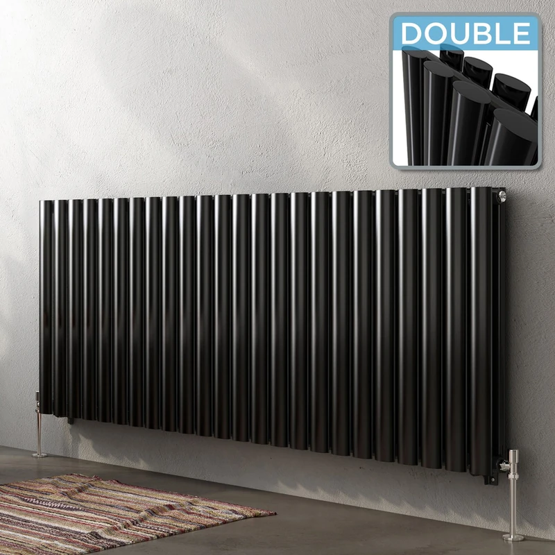 iBathUK Strata Wall-Mounted Horizontal Double Oval Panel Radiator, 24 Column Steel High Thermal Output Hydronic Central Heating, Designer Modern Radiator in Gloss Black, 600 × 1416mm