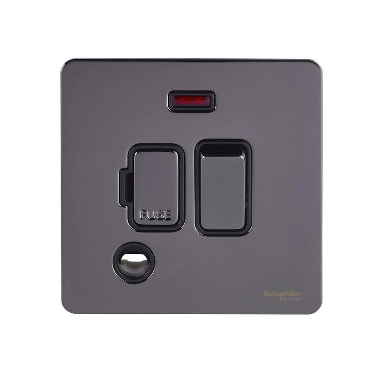 Schneider Electric Ultimate Screwless Flat Plate - Switched Fused Connection Unit with LED Neon Indicator and Flex Outlet, 13A, GU5414BBN, Black Nickel with Black Insert