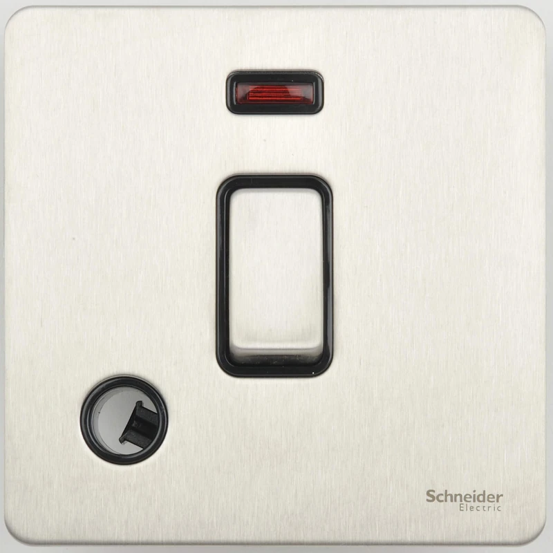 Schneider Electric Ultimate Screwless Flat Plate - Single Light Switch, Double Pole, 20AX, with Flex Outlet and Neon Indicator, GU2414BSS, Stainless Steel with Black Insert