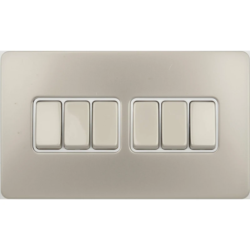 Schneider Electric Ultimate Screwless Flat Plate - 6 Gang Rocker 2 Way Light Switch, Single Pole, 16AX, GU1462WPN, Pearl Nickel with White Insert