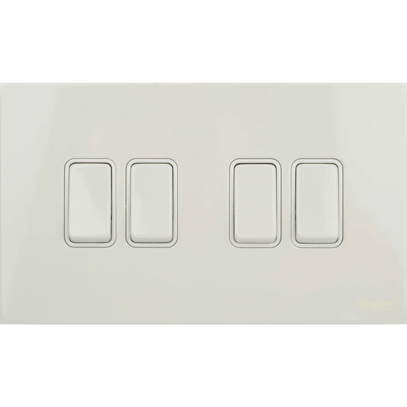 Schneider Electric Ultimate Screwless Flat Plate - 4 Gang Rocker 2 Way Light Switch, Single Pole, 16AX, GU1442WPW, Painted White with White Insert