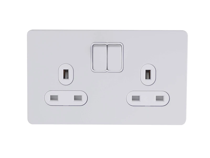 Schneider Electric GU3420WPW Ultimate Screwless Flat Plate, Switched Double Power Socket, Single Pole, Painted White with White Insert, 13 A, 2 Gangs