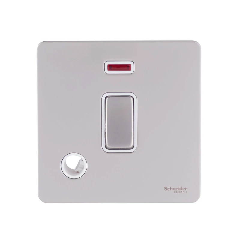 Schneider Electric Ultimate Screwless Flat Plate - Single Light Switch, Double Pole, 20AX, with Flex Outlet and Neon Indicator, GU2414WPN, Pearl Nickel with White Insert