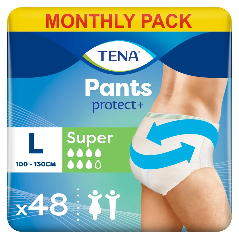 TENA Pants Super, 48 pairs of Unisex Incontinence Pants (4 x 12 packs) for Women and Men with Heavy Bladder Weakness, Size Large