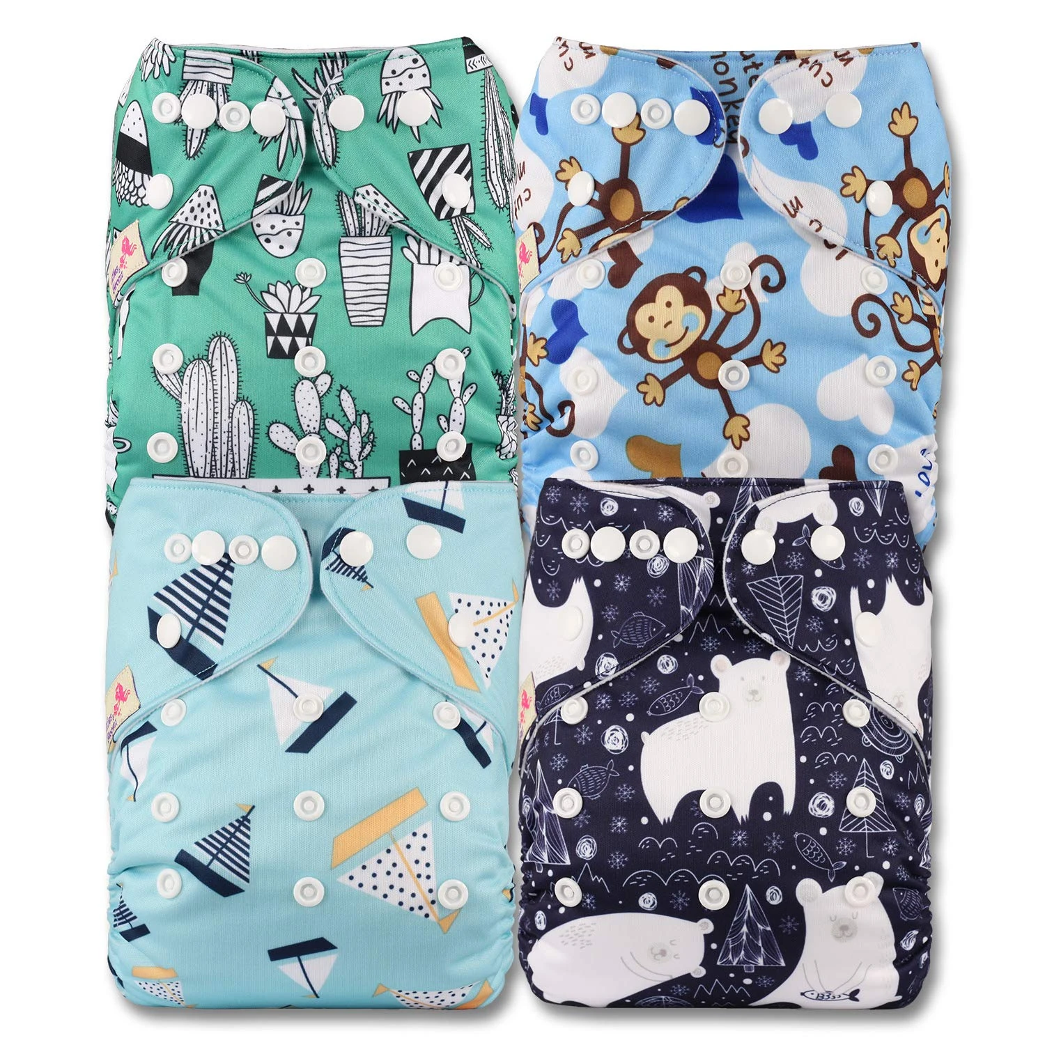Littles & Bloomz, Reusable Pocket Cloth Nappy, Fastener: Popper, Set of 4, Patterns 404, with 4 Microfibre Inserts