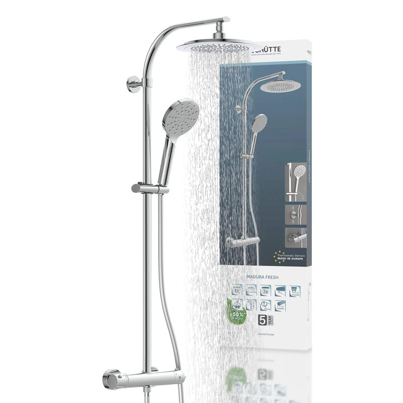 SCHÜTTE Madura Thermostatic Shower Set with Large Rain Shower (Diameter 24 cm) and Adjustable Hand Shower, Shower Set with Shower Rail, Shower Column Shower Panel, Chrome, Stainless Steel