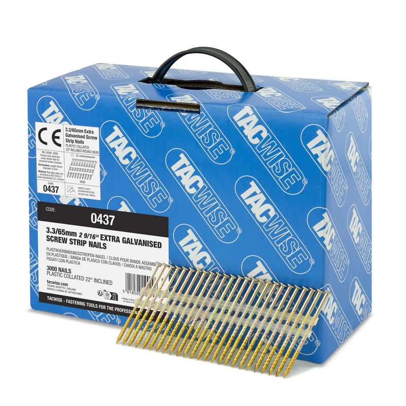 Tacwise 0437 Extra Galvanised Framing Nails 3.3 / 65 mm, Round Head, Screw Shank, 22° Inclined, Plastic Collated, Pack of 3000