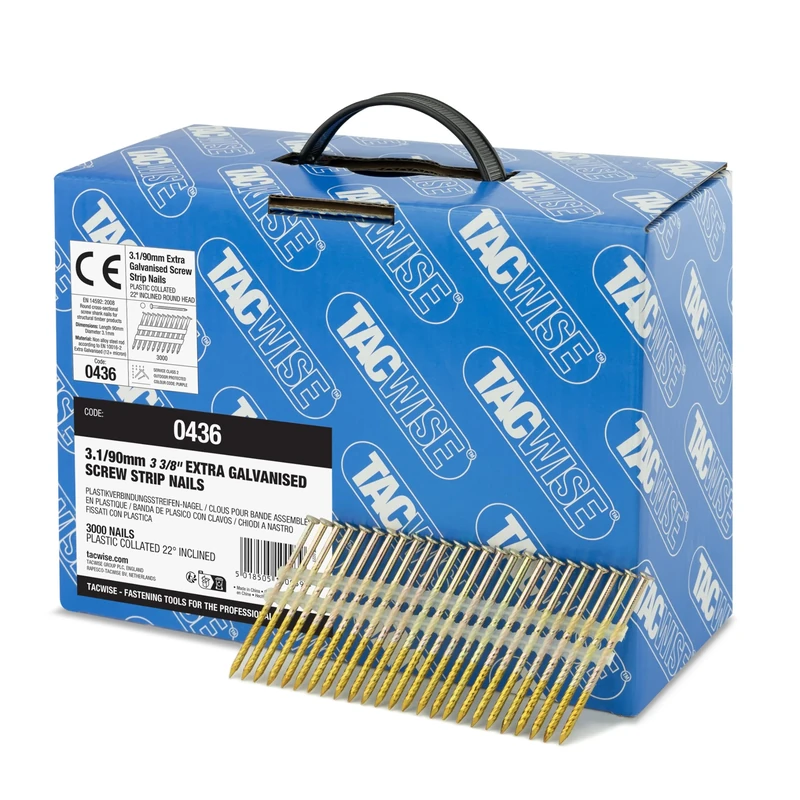 Tacwise 0436 Extra Galvanised Framing Nails 3.1 / 90 mm, Round Head, Screw Shank, 22° Inclined, Plastic Collated, Pack of 3000