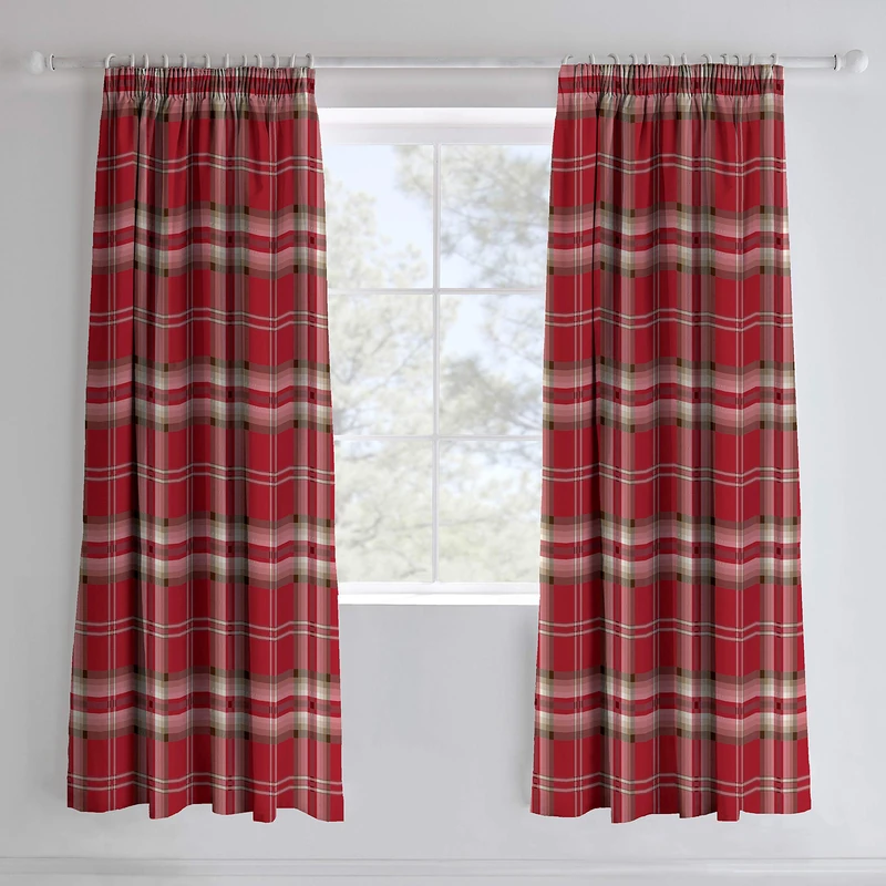 Catherine Lansfield Kelso Check 66x72 Inch Lined Pencil Pleat Curtains Two Panels Red