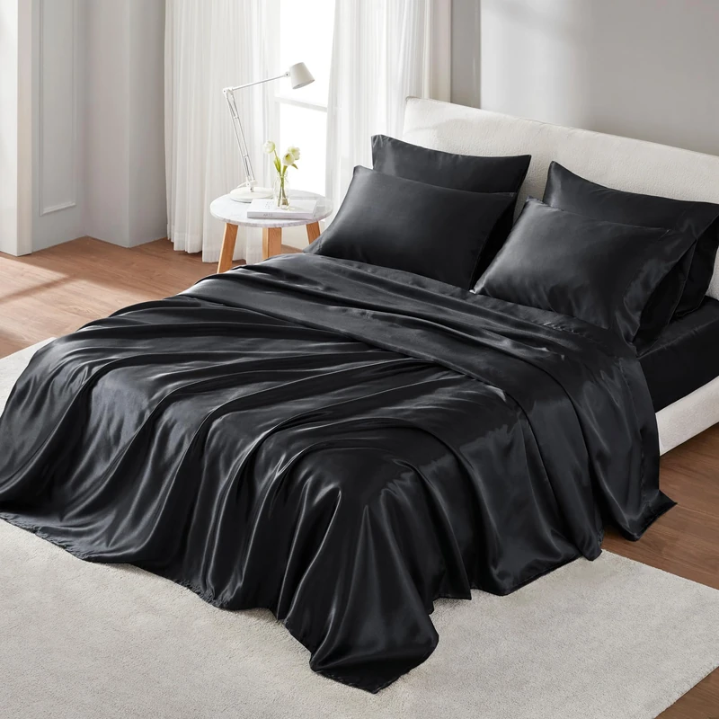 Madison Park Essentials Satin Sheet Set Luxury and Silky with Natural Sheen, Elastic 14" Pocket fits up to 16" Mattress, All Around Elastic - Year-Round Bedding, Cal King, Black, 6 Piece