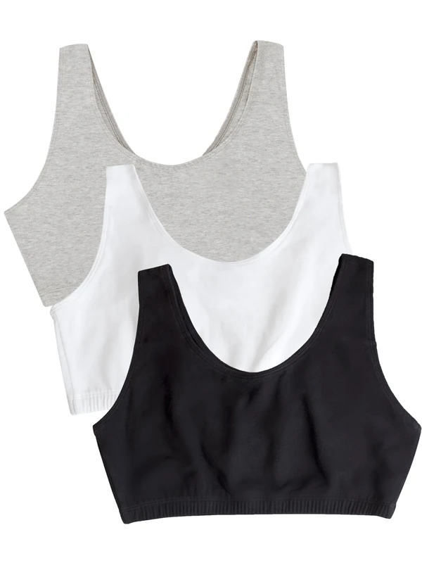 Fruit of the Loom Women's Built-Up Sports Bra Built-Up Sports Bra, Black/White/Heather Grey - 3 Pack, UK 14