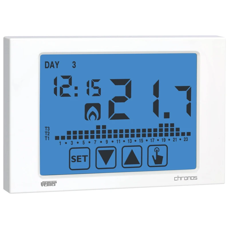 VEMER VE451100 model CHRONOS BIANCO Weekly chronothermostat with touch screen display and battery supply. Wall-mounting. Color White