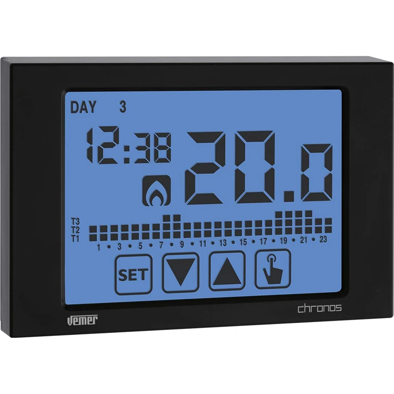 VEMER VE454500 Model Chronos 230 Nero Digital Weekly Chronothermostat for Central Heating with Touch Screen Display, Wall-mounting, 230Vac, Color Black