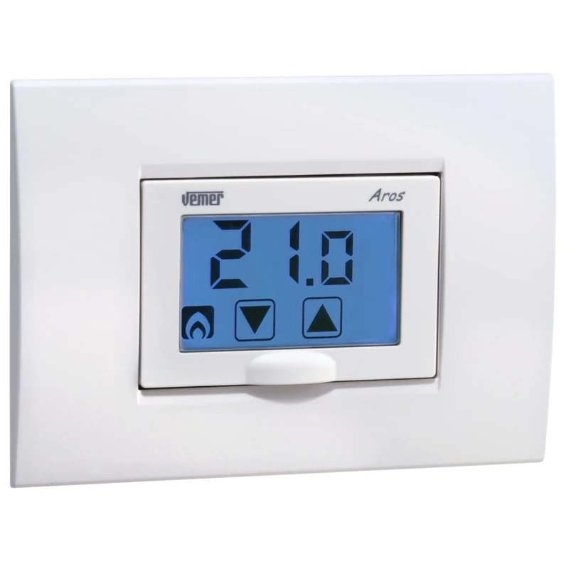VEMER VE458600 Model AROS Weekly Thermostat with Touch Screen Display and Battery Supply. Flush-mounting, Color White/Anthracite Grey