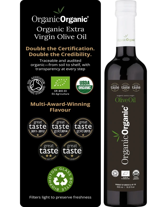 Organic Extra Virgin Olive Oil 500ml, Cold Pressed Greek Olive Oil, High Polyphenol, Handpicked, BioPhoton Violet Glass, Double Certified UK&EU, Great Taste 2025 Double Gold – OrganicOrganic® Gourmet