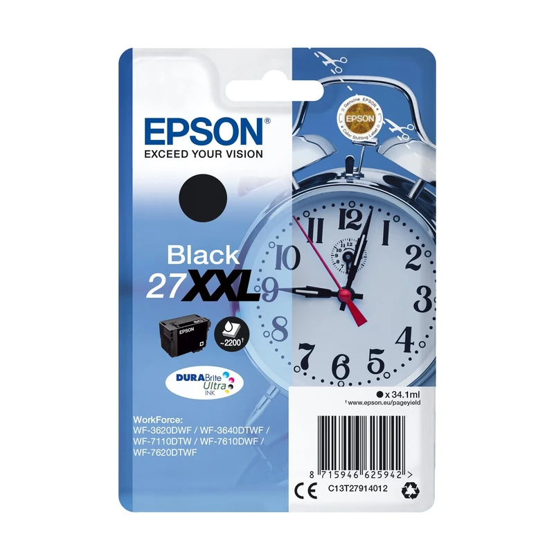 Epson 27XXL Black Alarm Clock Extra High Yield Genuine, DuraBrite Ultra Ink Cartridge