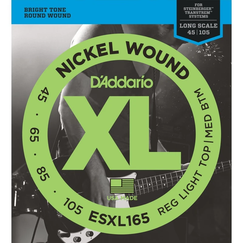 D'Addario Bass Guitar Strings - XL Nickel - ESXL165 - Perfect Intonation, Consistent Feel, Durability - 4 String Set - 45-105 Custom Light Double Ball End, Long Scale