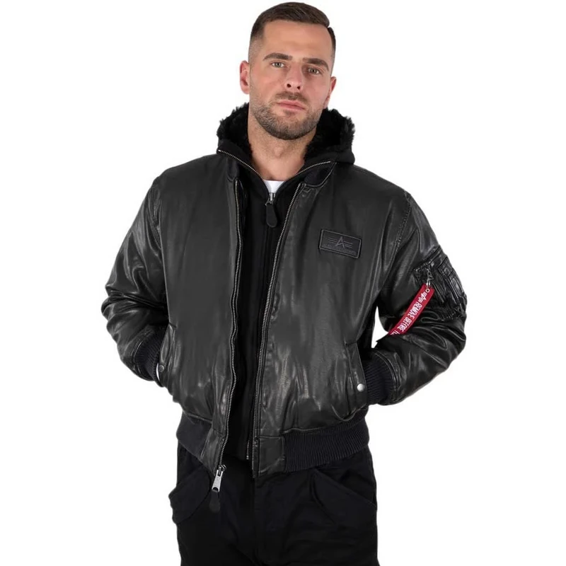 Alpha Industries Men's MA-1 D-Tec Faux Leather Bomber Jacket, Black/Black, L