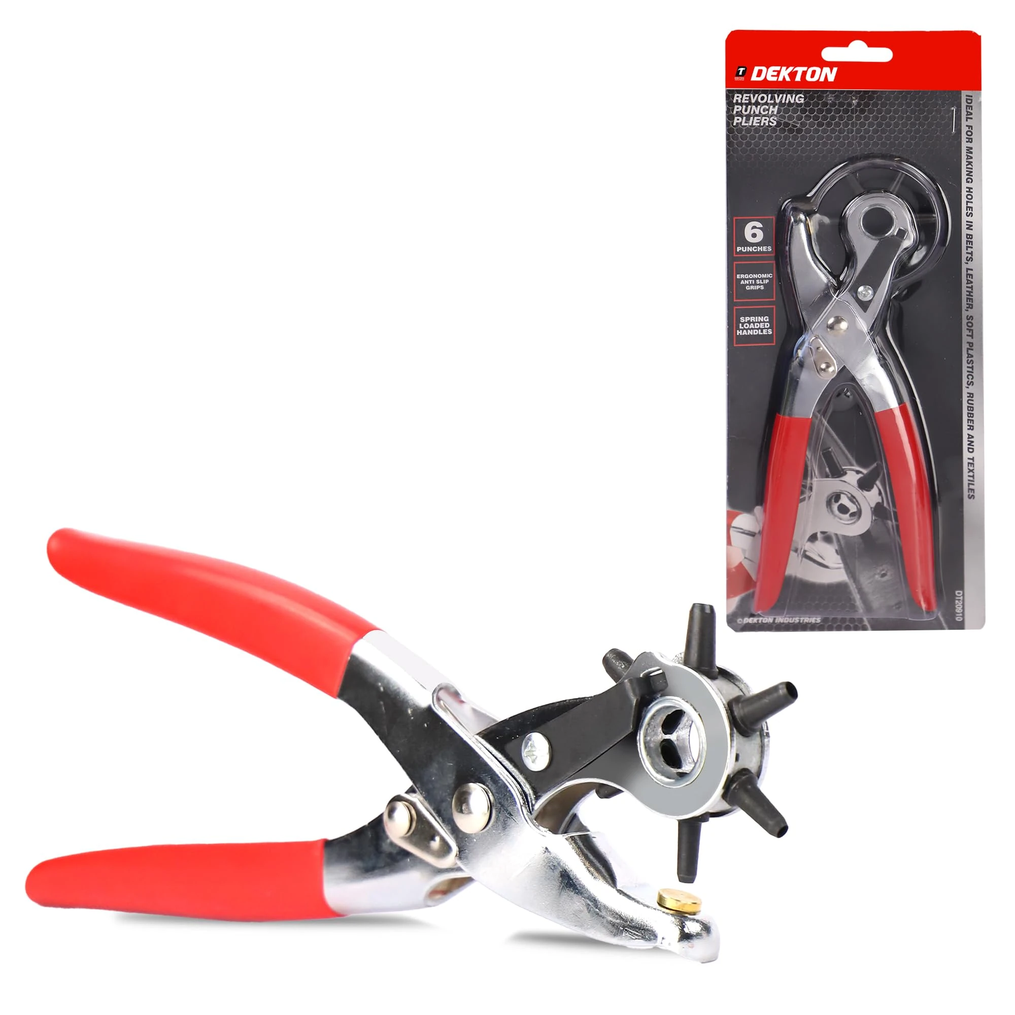 DEKTON Revolving Punch Pliers - Heavy Duty Multi-Function Hole Punch Tool for Leather, Plastic, and Paper - Adjustable 6 Interchangeable Punch Sizes, Comfortable Ergonomic Grip
