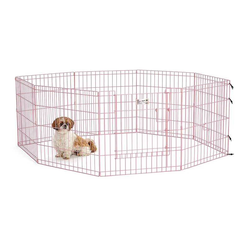 MidWest Homes for Pets Folding Metal Dog Exercise Pen and Pet Playpen with Door, Includes Grounding Stakes and Provides 1.5 Meters of Play Space, 61cm Tall, Pink