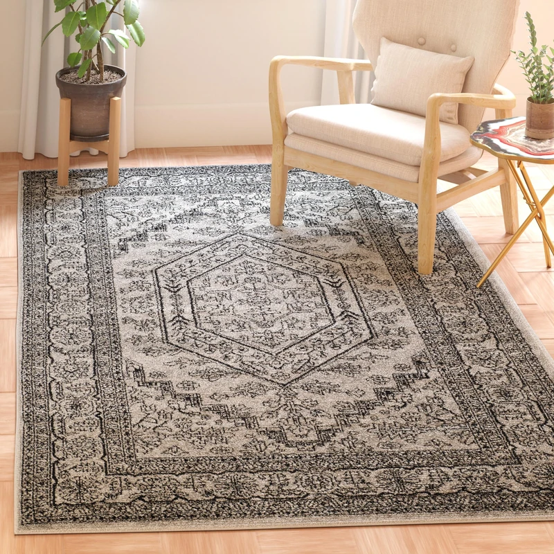Safavieh Medallion Indoor Woven Rectangle Area Rug, Adirondack Collection, ADR108, in Silver / Black, 122 X 183 cm for Living Room, Bedroom or Any Indoor Space