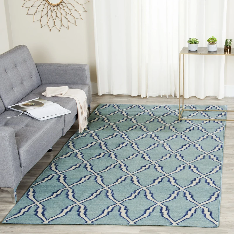 Safavieh Contemporary Indoor Flatweave Rectangle Area Rug, Dhurrie Collection, DHU564, in Light Blue / Ivory, 183 X 274 cm for Living Room, Bedroom or Any Indoor Space