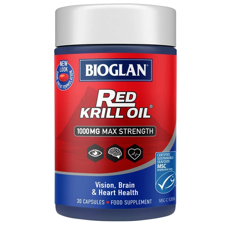 Bioglan Red Krill Oil Max Strength 1000 mg high in Omega-3 Fish Oil, EPA & DHA Help to Support Your Heart, Eye and Brain Health, One Month Supply – 30 Count