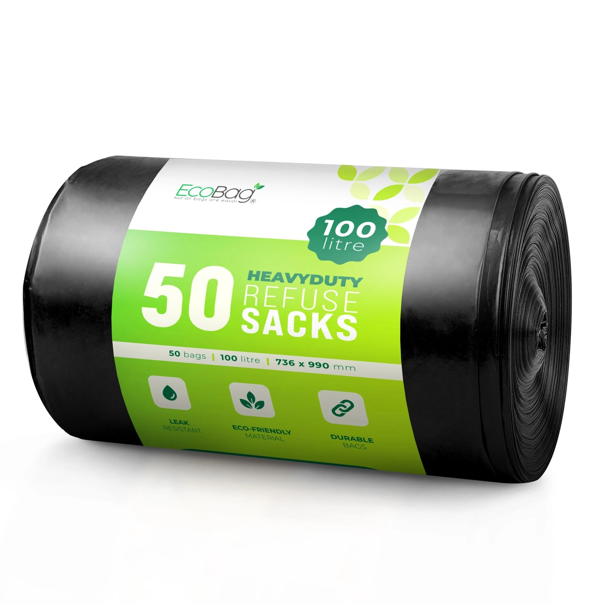 EcoBag - 50 Pack Extra Strong Heavy Duty Refuse Sacks (100L- 33 Microns), Recyclable Bin Bags, Leak Resistant, Eco-Friendly, Durable Waste Disposal Bags for Household & Commercial Use (736x990mm)