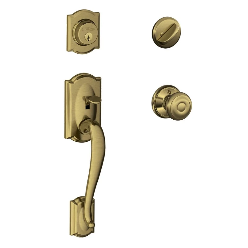 SCHLAGE Camelot Single Cylinder Handleset and Georgian Knob, Antique Brass (F60 CAM 609 GEO)