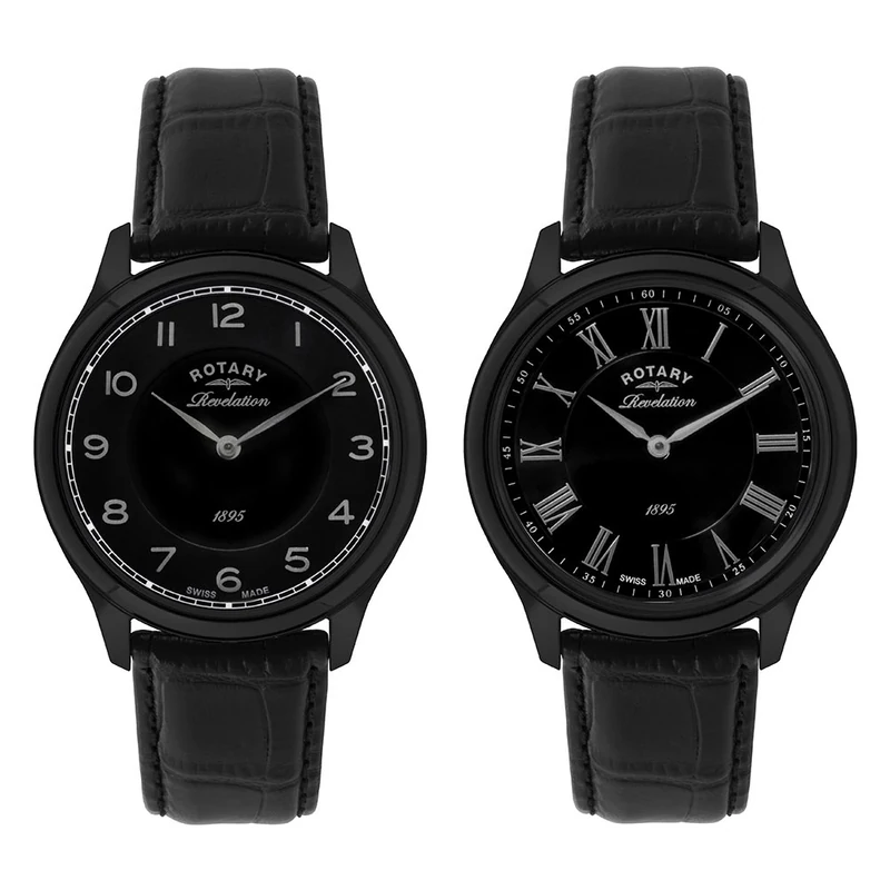Rotary GS02968-10-19 Mens Revelation Black IP Leather Strap Watch with Reversible Dial