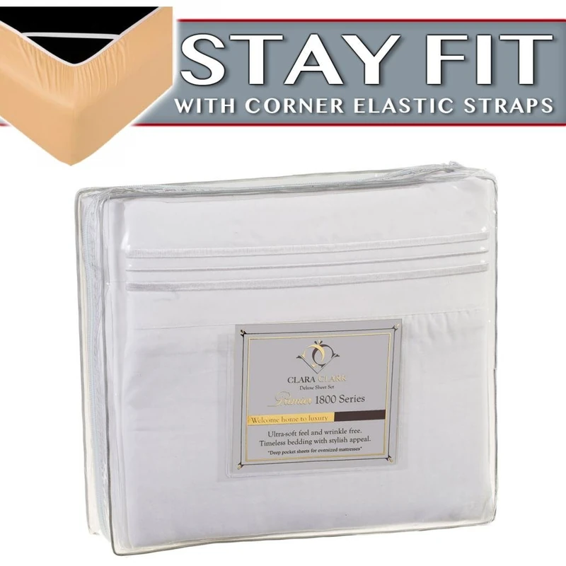 Clara Clark 1800 Series Bedding Bed Sheet Sets - Stay fit on Mattress with Elastic Straps at Corners - King, White