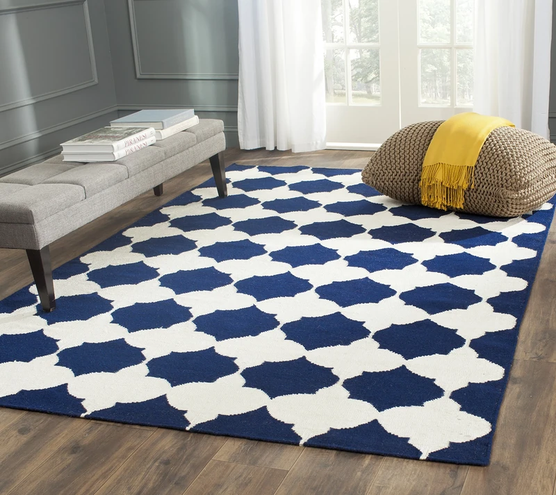 Safavieh Contemporary Indoor Flatweave Rectangle Area Rug, Dhurrie Collection, DHU624, in Navy / Ivory, 183 X 274 cm for Living Room, Bedroom or Any Indoor Space